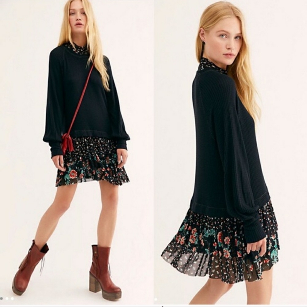 Free People Opposites Attract Dress Black Waffle Long Sleeve